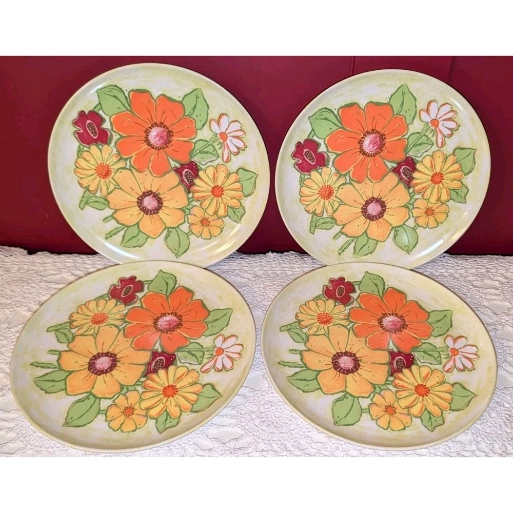 Lot of 4 Miramar Melmac 9" Plates Floral Orange Yellow Green Melamine Retro set